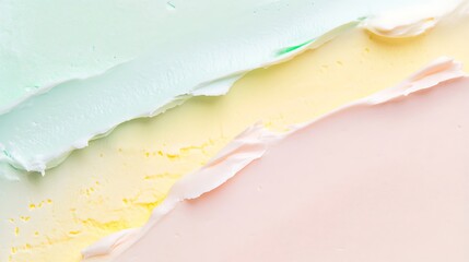Poster - Abstract composition featuring smooth layers of pastel green, yellow, and pink paint creating a soft, calming aesthetic