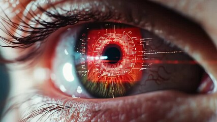 Poster - Close up of an eye undergoing biometric scanning, with a futuristic digital display overlaying the iris, showcasing data analysis and technological advancements in vision and identification