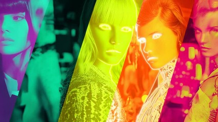 Poster - Cropped Portraits of Models in Vibrant Neon Light Collage Generative AI
