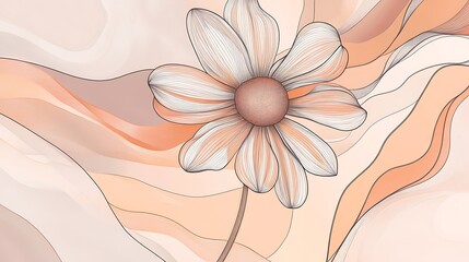 Poster - Abstract composition featuring a delicate flower design in soft peach and beige tones with flowing pastel background, evoking tranquility and elegance