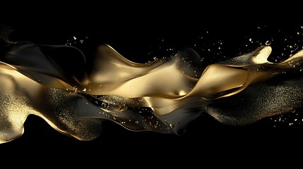 Poster - Abstract wave of flowing black and gold fabric with shimmering particles in a dark background creating an elegant and luxurious atmosphere