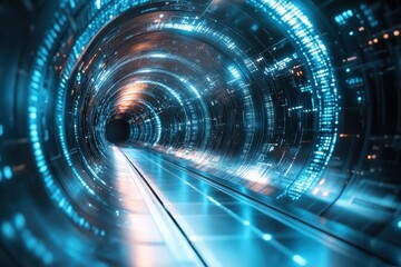 Poster - A futuristic tunnel illuminated with glowing blue lights and digital patterns during nighttime