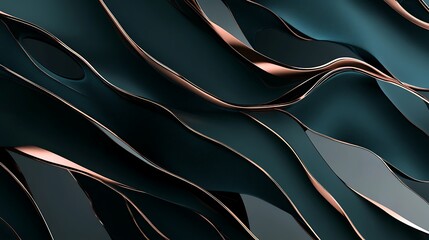 Fototapete - Abstract flowing waves of teal and rose gold fabric creating a sense of movement and elegance against a soft gradient background, evoking a feeling of tranquility and sophistication
