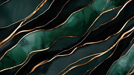 Poster - Abstract fluid background featuring rich green and black waves intertwined with delicate golden lines creating an elegant and luxurious atmosphere