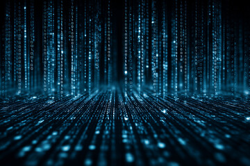 Poster - Digital environment filled with cascading binary code illuminated in blue light during nighttime
