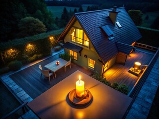 Poster - Dark House, Burning Candle, Yellow Window Light - Dramatic Night Drone Shot