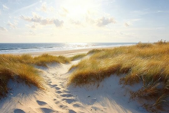 Serene Coastal Landscape with Sand Dunes and Tall Grass under Sunny Sky in Jutland Denmark