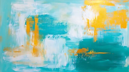 Poster - An abstract painting featuring a harmonious blend of turquoise, white, and gold hues with textured brush strokes and vivid colors creating a serene and energetic atmosphere