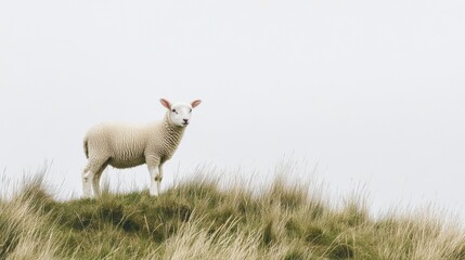Poster - Lamb standing gracefully on a patch of short grass against a soft white background