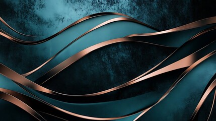 Poster - Abstract waves in deep turquoise and dark blue hues with elegant rose gold accents creating a sense of fluidity and sophistication in a modern design