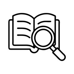 Poster - Book search icon vector, magnifying glass over open book illustration for research and study guide