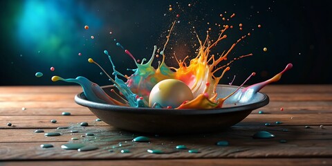 Poster - Colorful Egg Explosion in Black Pan: Vibrant Paint Splash on Wood