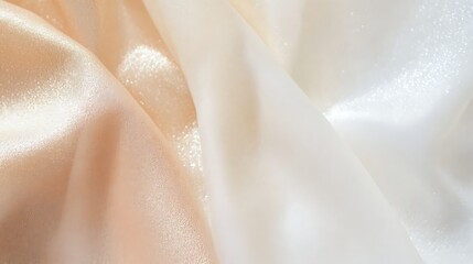 Poster - Close-up of shimmering satin fabric in soft peach and white tones showcasing smooth texture and delicate sheen, evoking a sense of luxury and elegance