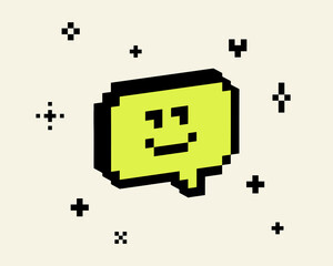 Poster - 3D smiling speech bubble pixel art black element. Y2k inspired cute trendy collage sticker. Mood of 90's. 8-bit retro style vector illustration. Simple geometric shape. Game abstract icon