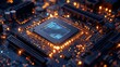 © Moonsterkat - A close-up view of a computer processor on a circuit board, illuminated by glowing components.