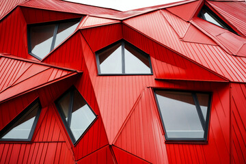 Poster - Abstract Futuristic Architecture with Geometric Red Facade and Sharp 3D Design Elements, Generative AI