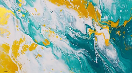 Poster - Colorful abstract painting with vibrant swirls of turquoise, white, and gold creating a dynamic flow and texture on canvas