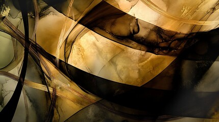 Fototapete - Abstract art showcasing flowing lines and shapes in shades of brown, black, and gold, creating a sense of movement and fluidity