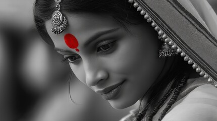 Poster - A beautiful Indian woman in a monochrome image with only her red bindi in color
