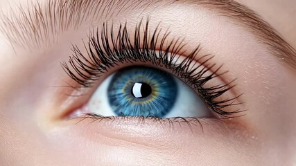 Poster - Macro closeup of a blue eye showcasing long, black eyelashes, intricate iris patterns, and the delicate texture of the surrounding skin, highlighting the beauty and complexity of the human eye