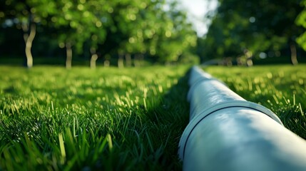 Pipe laid through green grass in a park with trees in the background. Suitable for articles about construction and infrastructure.