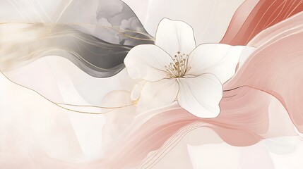 Poster - Elegant floral abstract art with soft pastel colors, flowing shapes, and a central white flower, creating a soothing and serene atmosphere
