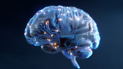 Poster - Digital brain with circuit patterns glowing in blue light showcasing the integration of technology and human cognition