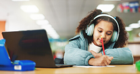 Poster - Student, child and writing with laptop for e learning, video call or online class for knowledge. Virtual school, headphones and girl on technology for assignment on teaching platform in library