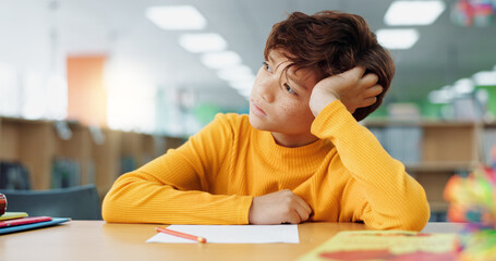 Poster - Thinking, kid and student in library at school for planning, ideas and studying of learning solution. Bored, boy and lazy child with thoughts of education burnout, problem solving and exam reflection