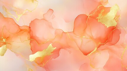 Poster - An abstract artwork featuring fluid brushstrokes in shades of coral, orange, and soft pink, interspersed with shimmering gold accents, creating a harmonious flow and delicate textures