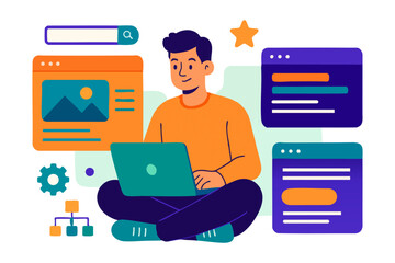 Smiling man with laptop surrounded by website elements