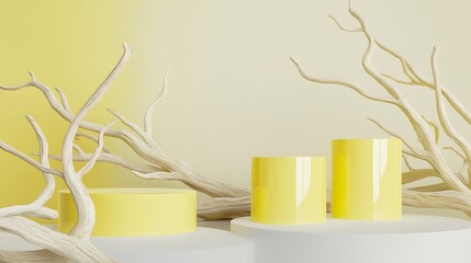 Poster - Abstract composition featuring glossy yellow shapes on light surfaces with organic white branches, conveying a serene and fresh atmosphere