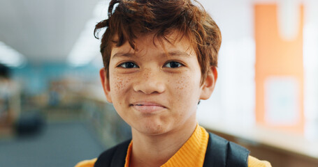 Aufkleber - Education, portrait and student with kid in school for child development, growth or learning. Future, scholarship and study with boy learner at academy for classroom lesson. course or knowledge