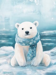 Aufkleber - Little polar bear wearing a scarf sits calmly on pastel ice field in a tranquil winter landscape