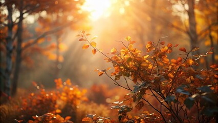 Poster - Autumn Forest Bush Background: Golden Sunlight Bokeh Texture