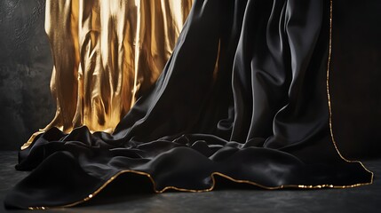 Poster - Luxurious black and gold satin fabrics elegantly draped against a textured background, creating a sense of opulence and depth
