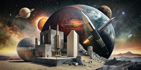 Poster - Architectural Collage: Pen, Eclipses & Globe