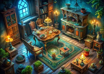 Poster - Antique Furniture Mystery: Aerial View CG Illustration of Unusual Shapes
