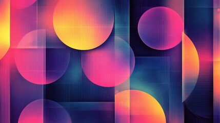 Poster - retro futuristic layered geometric pattern with circles squares and vibrant color gradients creating a modern abstract design perfect for backgrounds