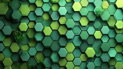 Poster - interconnected verdant hexagons forming a textured organic pattern reminiscent of nature's growth and cellular structures in varying shades of green