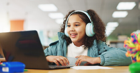 Poster - Student, girl and headphones with laptop for video call, e learning or online class for knowledge. Virtual school, development and child on technology for growth on teaching platform in library