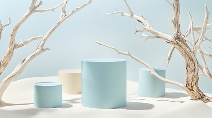 Poster - minimalist composition of cylindrical shapes in pastel colors against a soft blue backdrop with drie