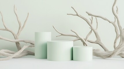 Poster - Minimalist display featuring soft mint green cylinders arranged alongside textured white branches on a subtle pale background, creating a serene and modern aesthetic
