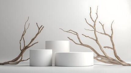 Poster - Minimalist display featuring three white circular platforms with dry branches in an artistic arrangement, creating a serene and modern aesthetic