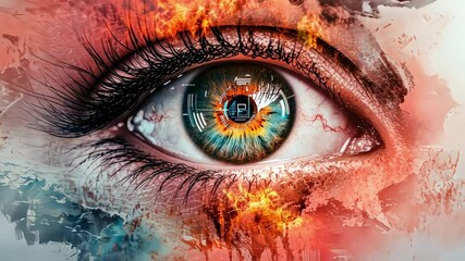 Poster - Human eye featuring futuristic technological elements and fiery effects, reflecting visions of the future while seamlessly blending biology with advanced technology