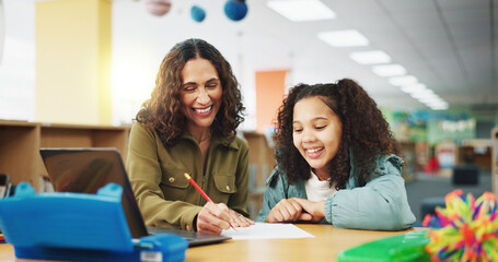 Aufkleber - Education, learning or writing with student and teacher in library of school for child development. Laptop, lesson or scholarship with woman educator and kids at academy for assignment or notes