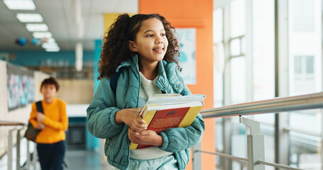 Aufkleber - Girl, child and walking with books, hallway and backpack for class, lesson or recess at campus or academy. Pupil, student and growth for education, development and scholarship in learning or school