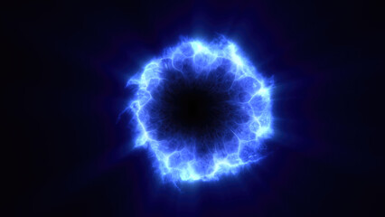 Poster - A dynamic burst of electric blue energy sphere radiating from a central point against a dark background, representing power and motion background