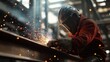 © aubriella - Welder wearing protective gear while welding metal beams. Featuring safety and precision