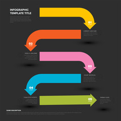 Poster - Dark Infographic features a colorful five-step design with arrows in yellow, orange, pink, blue, and green. It's a visually appealing template ideal for presenting step-by-step processes.